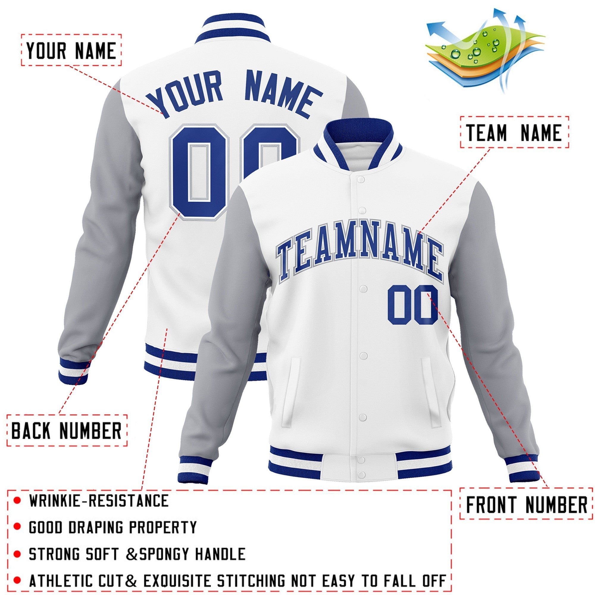 Custom White Royal-White Raglan Sleeves Varsity Full-Snap Letterman Jacket