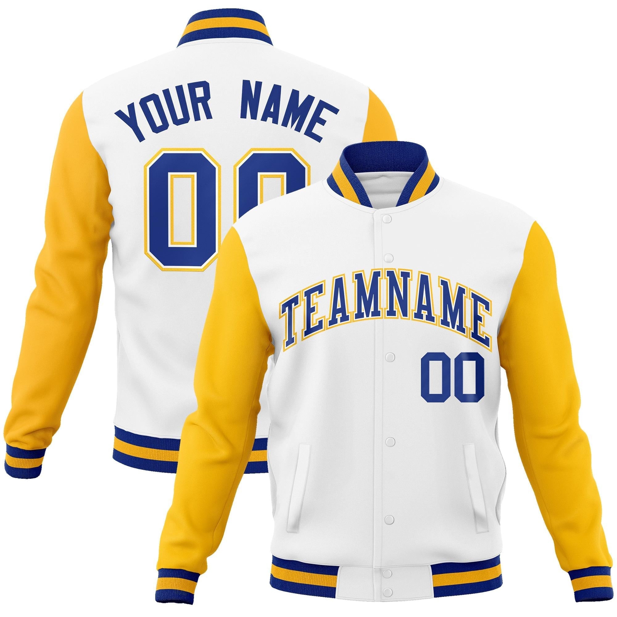 Custom White Royal-White Raglan Sleeves Varsity Full-Snap Letterman Jacket