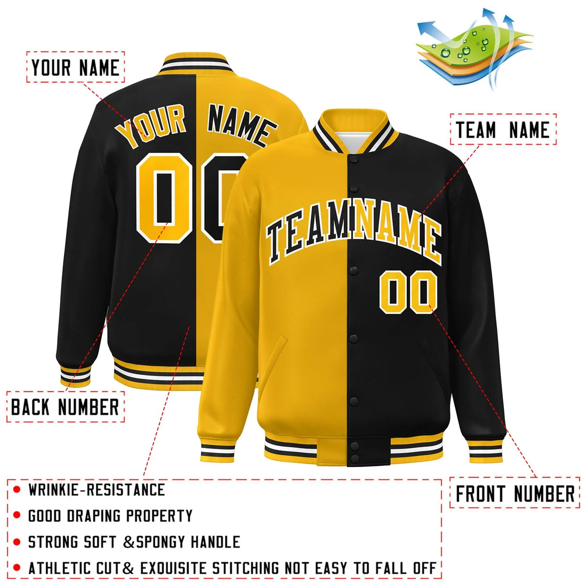 Custom Black Gold-White Letterman Two Tone Split Fashion Varsity Full-Snap Jacket