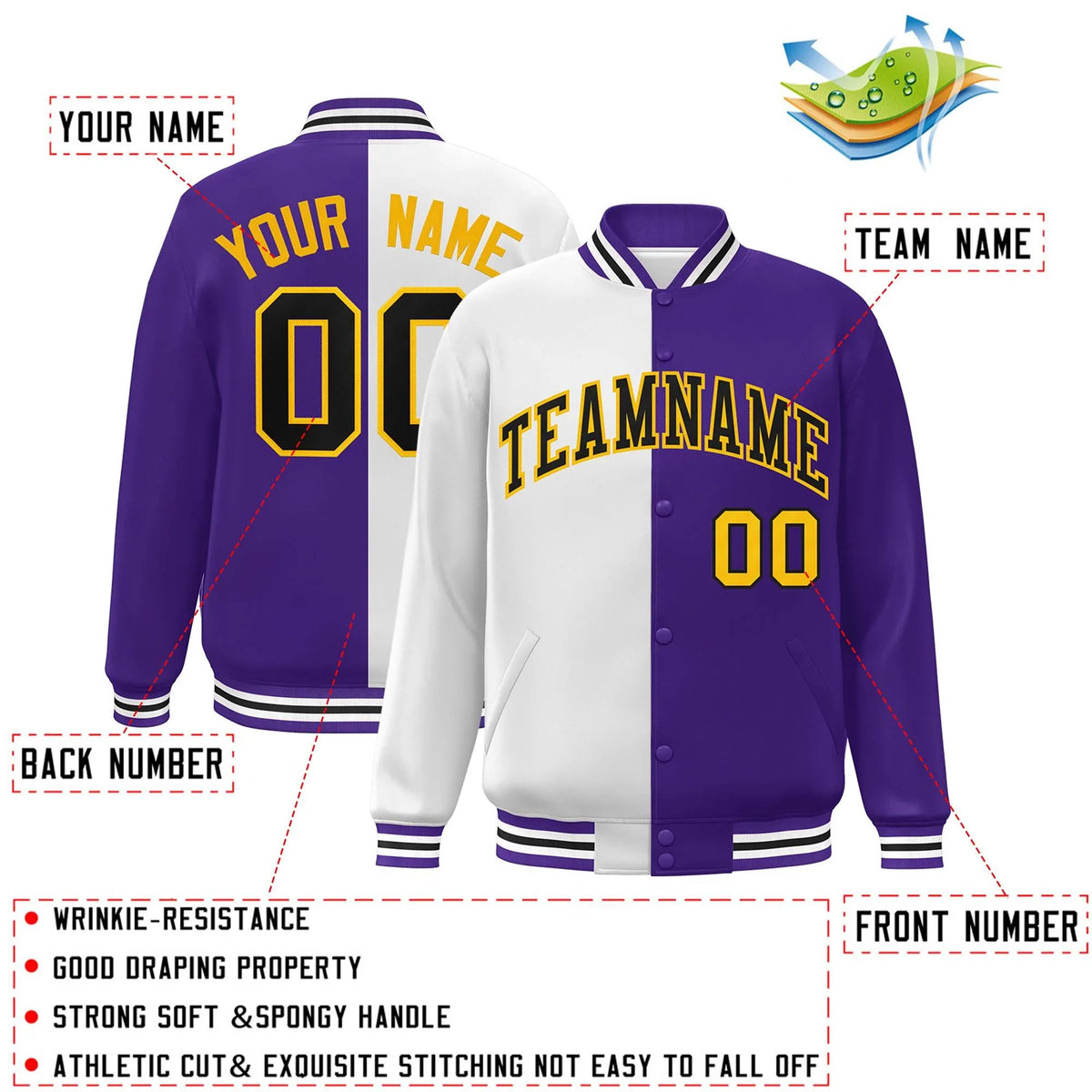 Custom Purple White-Black Letterman Two Tone Split Fashion Varsity Full-Snap Jacket