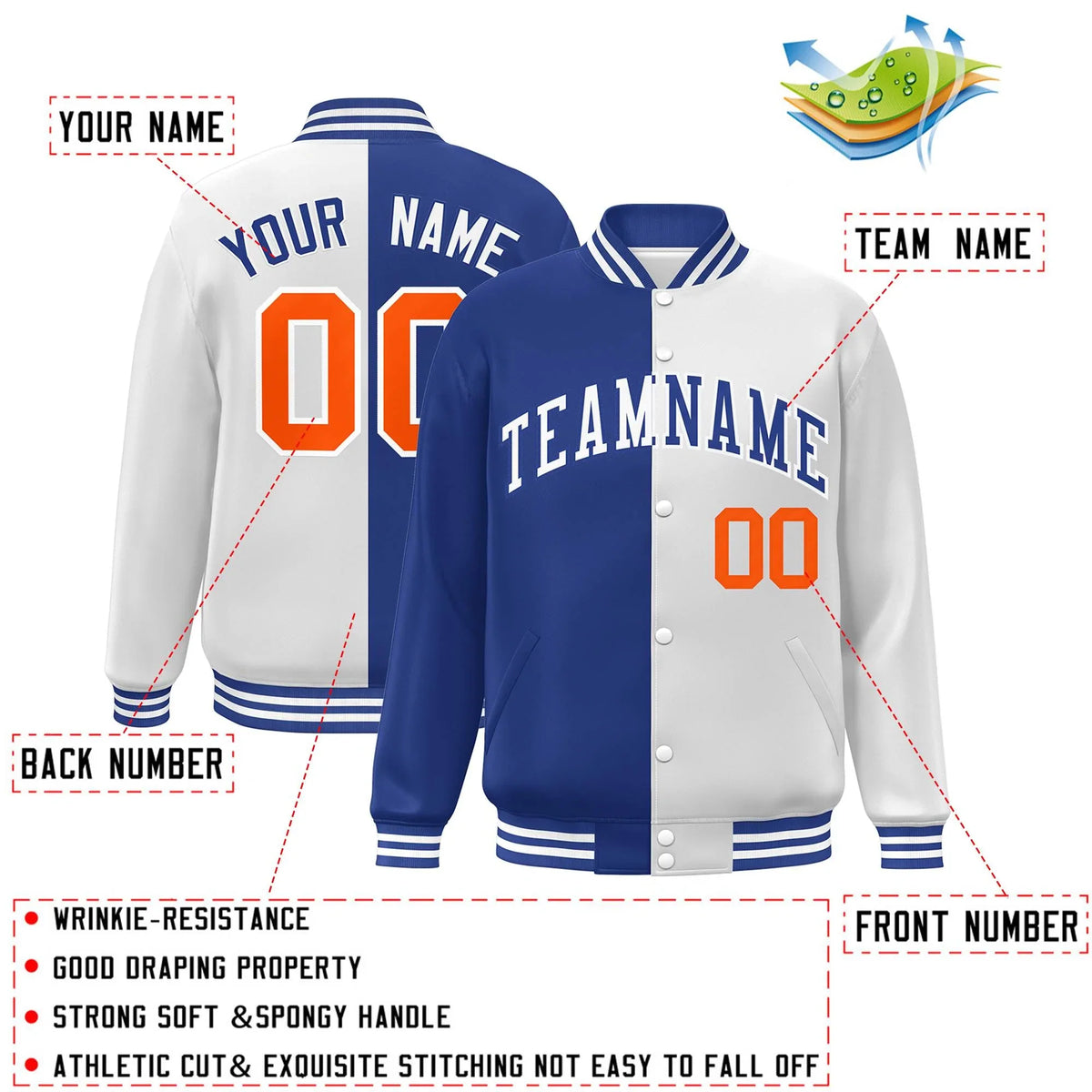 Custom White Royal-Orange Letterman Two Tone Split Fashion Varsity Full-Snap Jacket