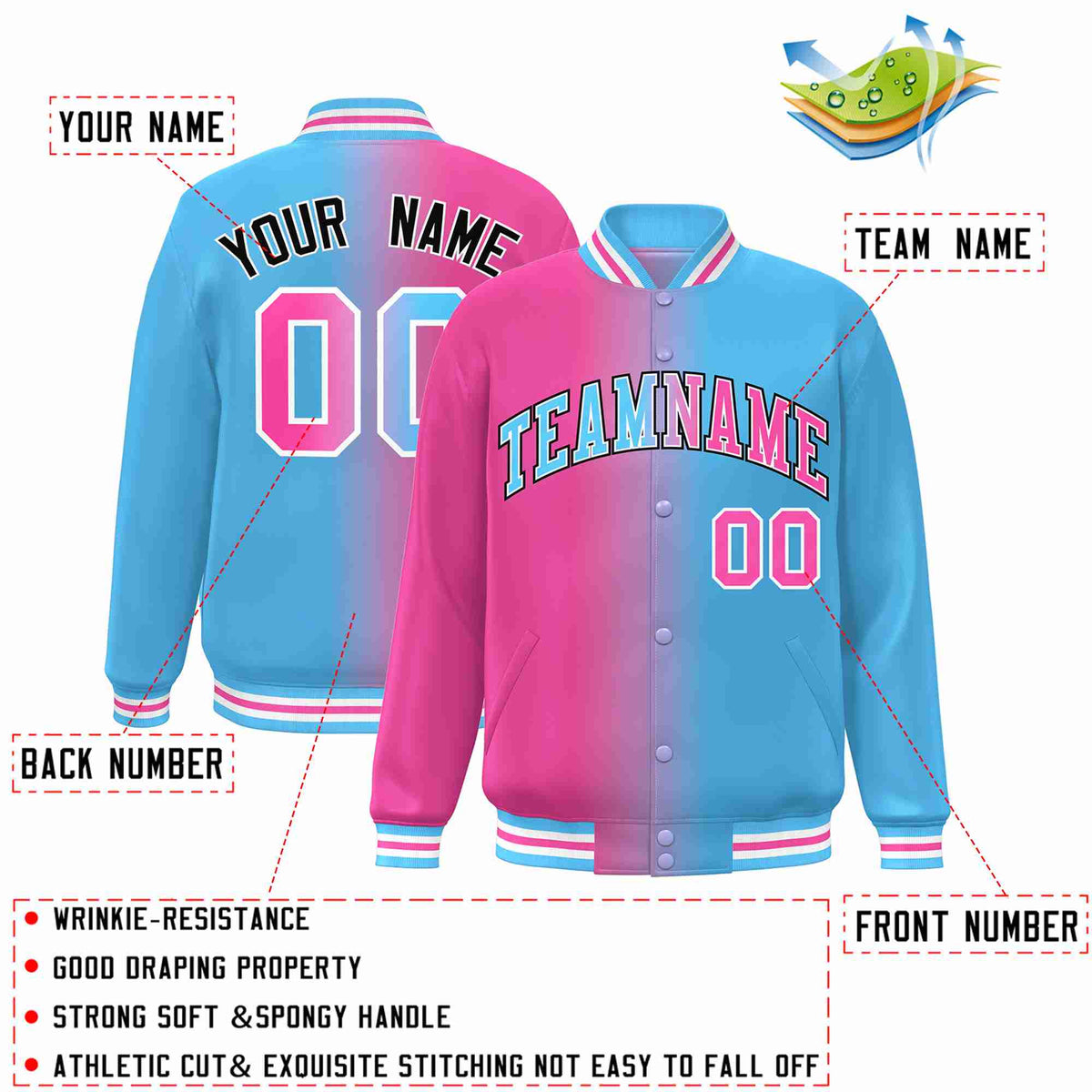 Custom Pink Powder Blue-Black Gradient Fashion Letterman Bomber Varsity Jacket