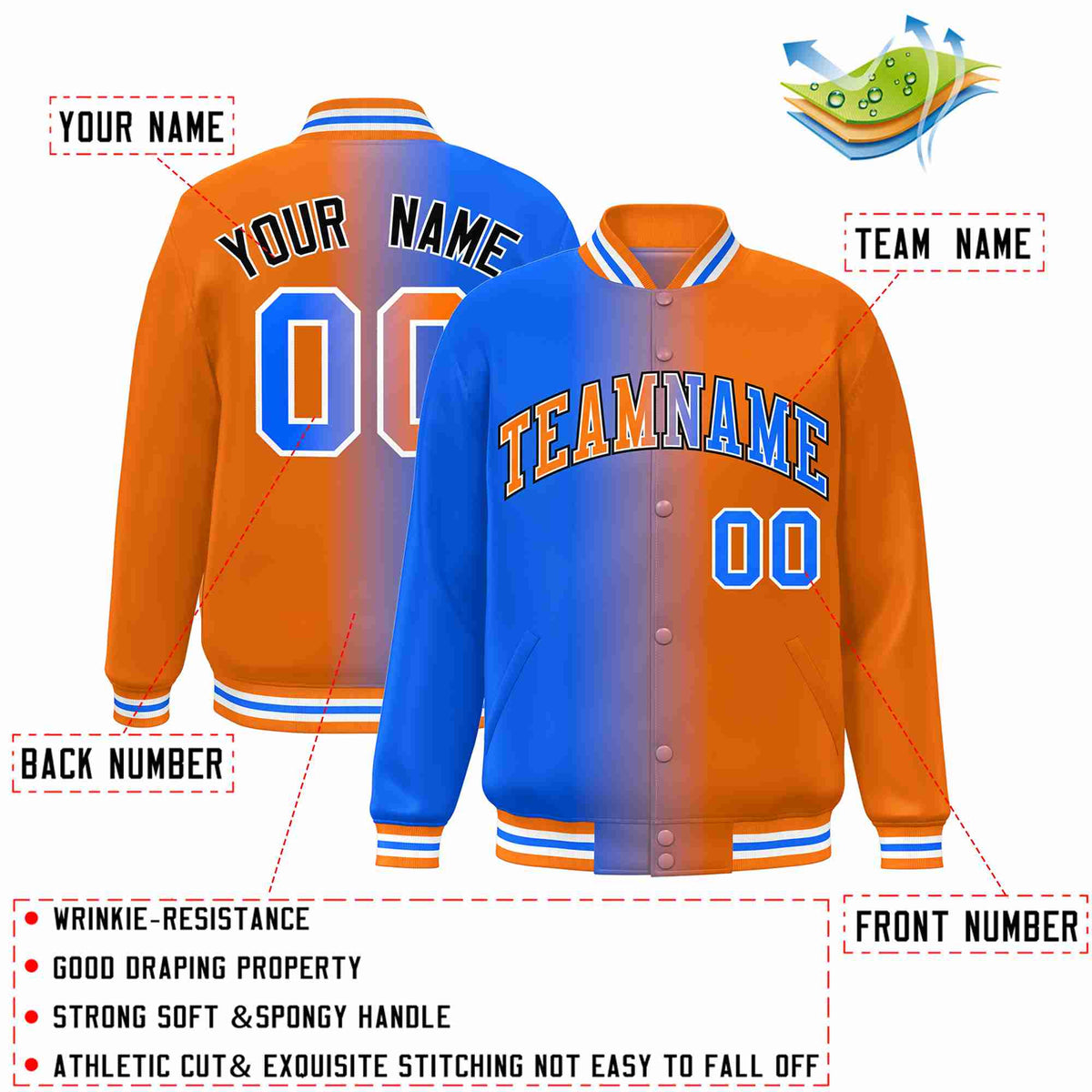 Custom Blue Orange-White Gradient Fashion Letterman Bomber Varsity Jacket