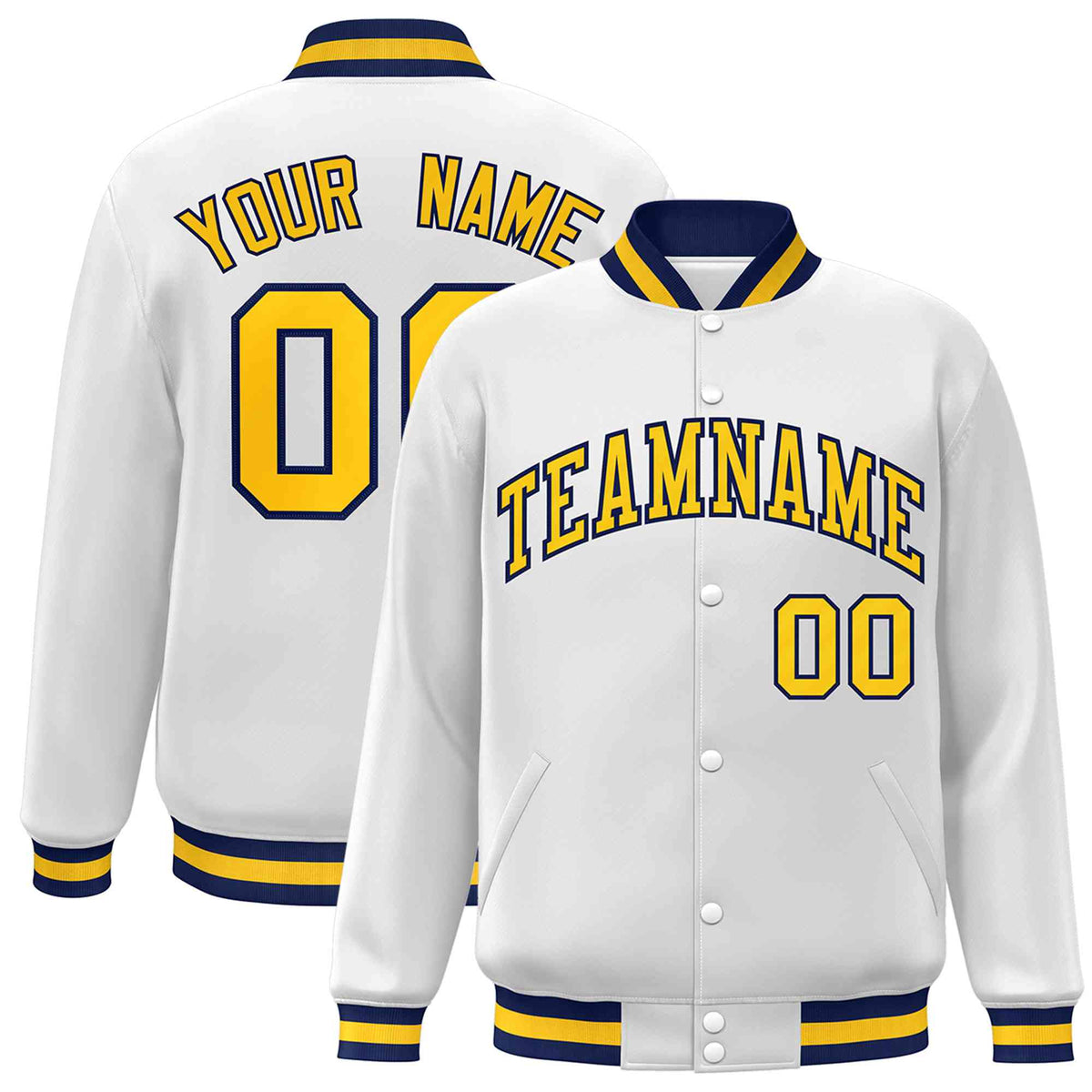 Custom White Gold-Navy Classic Style Varsity Full-Snap Letterman Jacket