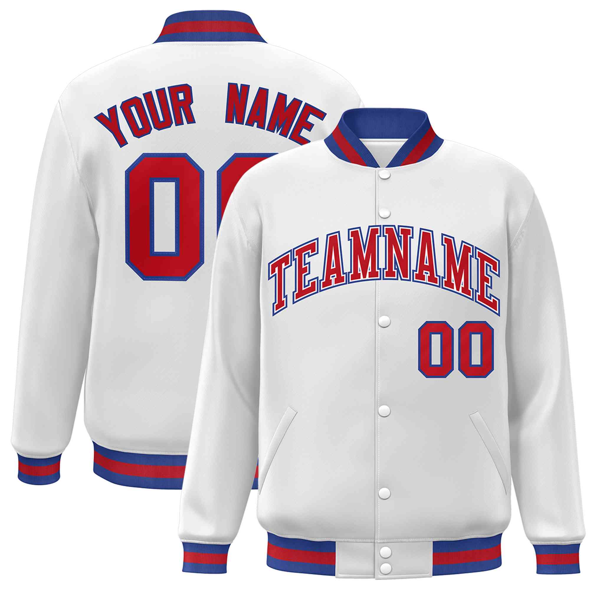 Custom White Red-White Classic Style Varsity Full-Snap Letterman Jacket