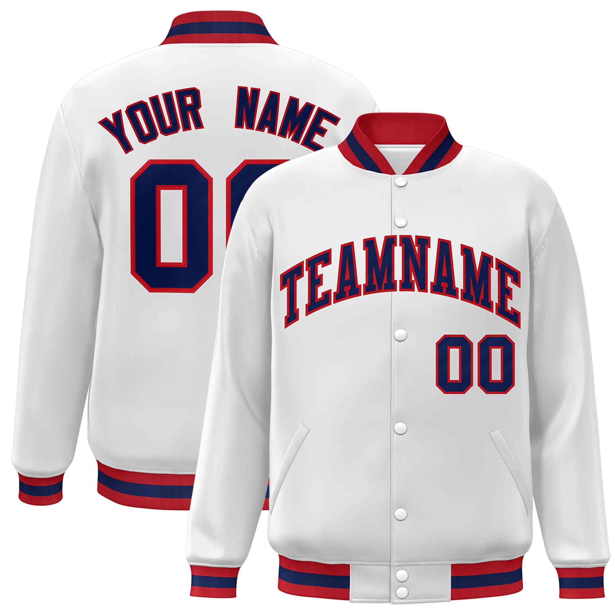 Custom White Navy-Red Classic Style Varsity Full-Snap Letterman Jacket