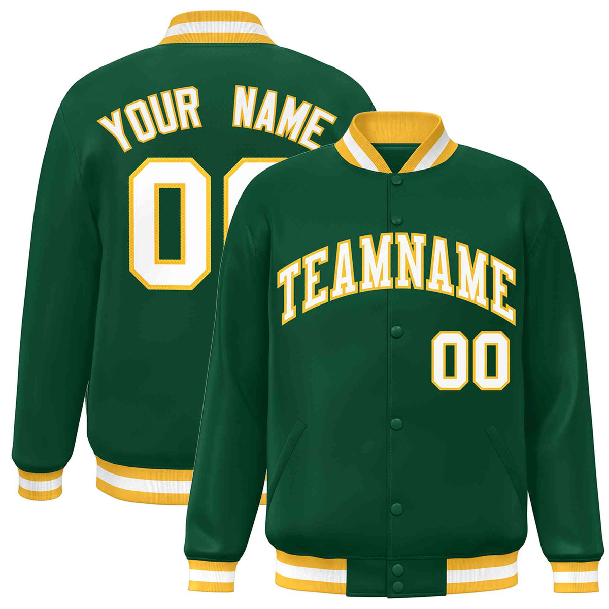 Custom Green White-Gold Classic Style Varsity Full-Snap Letterman Jacket