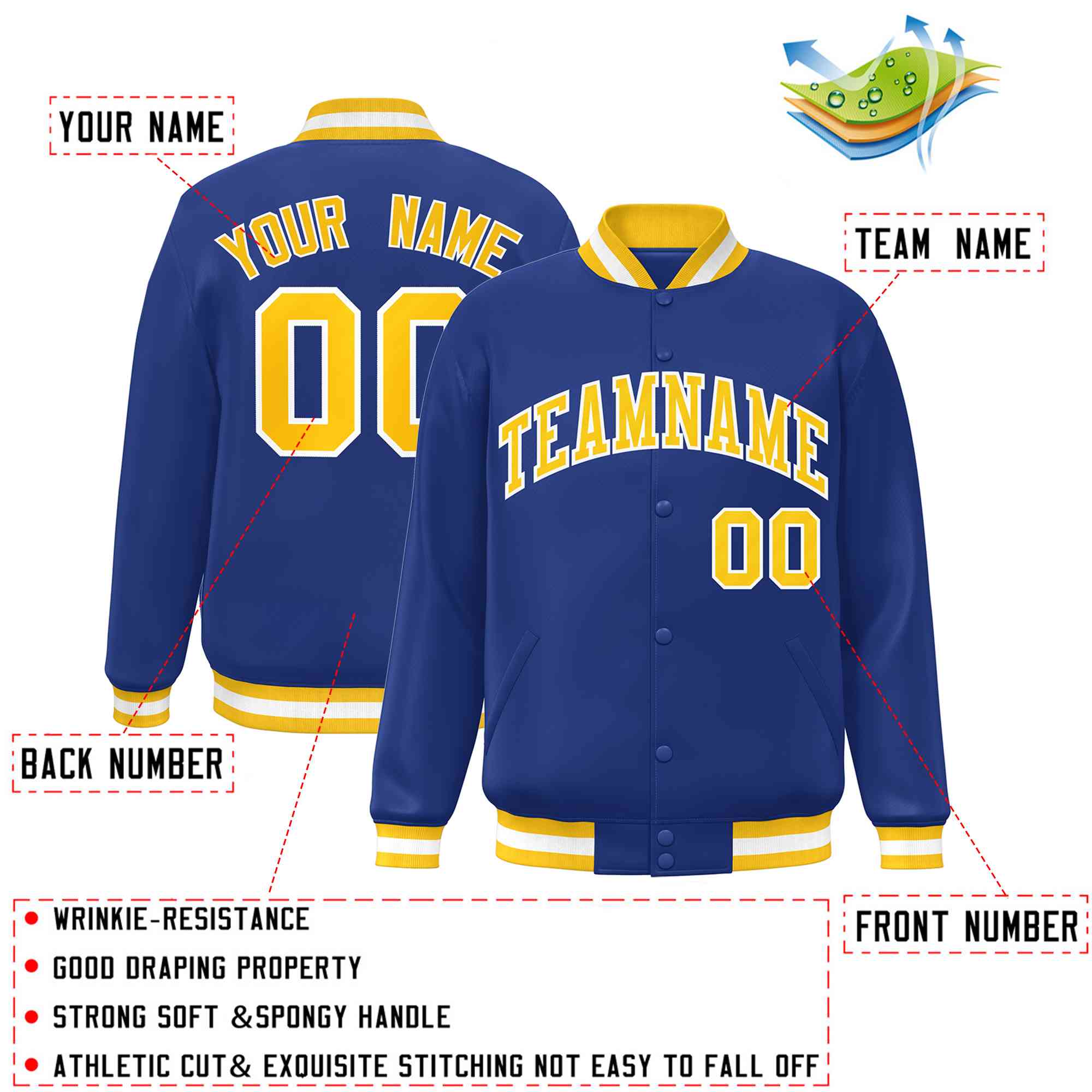 Custom Royal Gold-White Classic Style Varsity Full-Snap Letterman Jacket