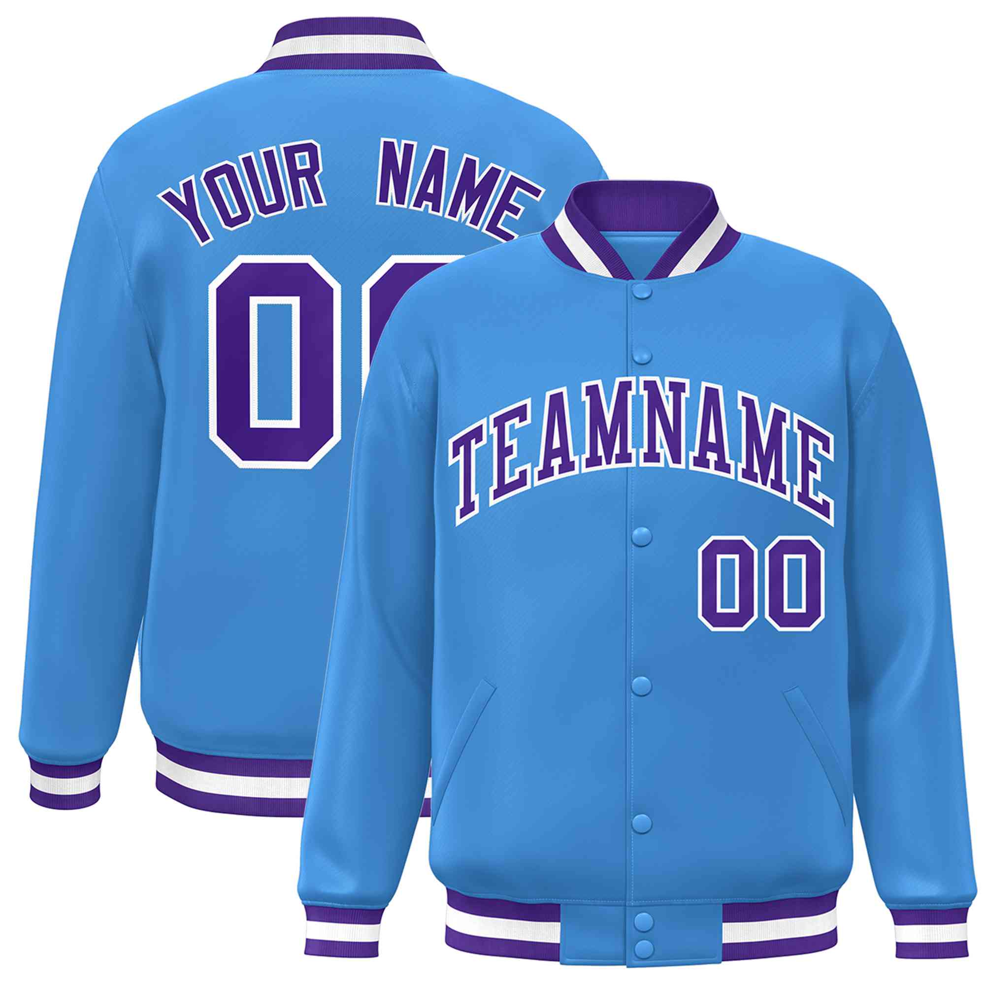 Custom Powder Blue Purple-White Classic Style Varsity Full-Snap Letterman Jacket
