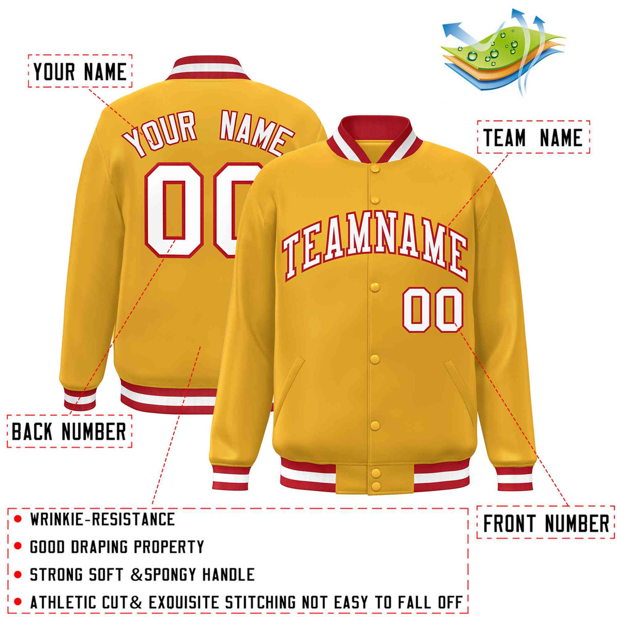 Custom Gold White-Red Classic Style Varsity Full-Snap Letterman Jacket