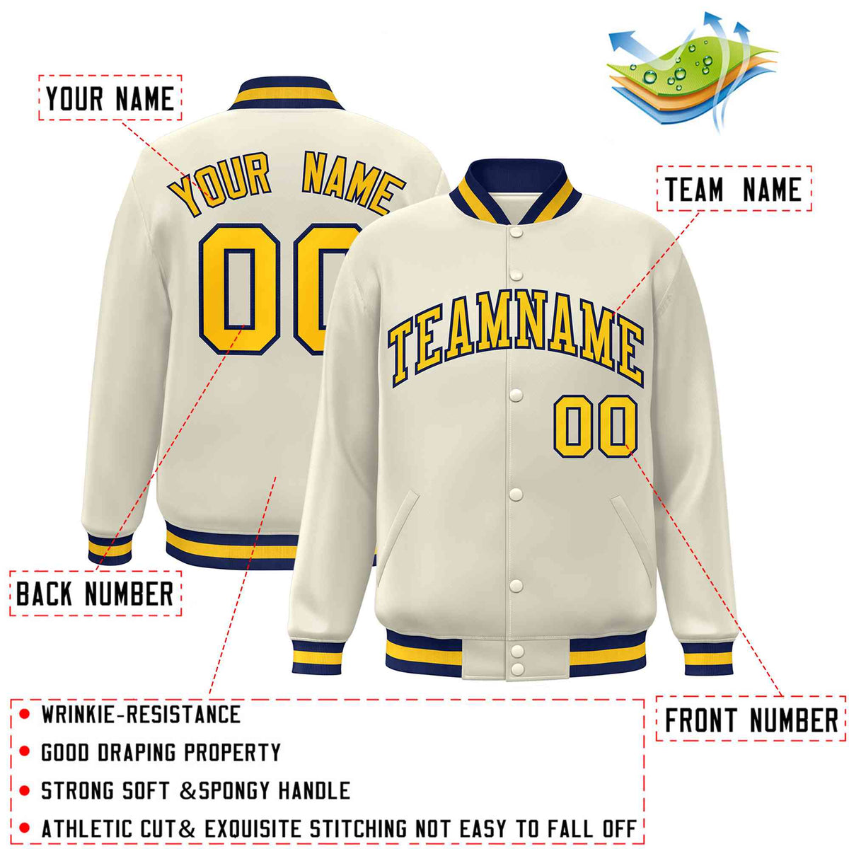 Custom Khaki Gold-Navy Classic Style Varsity Full-Snap Letterman Jacket