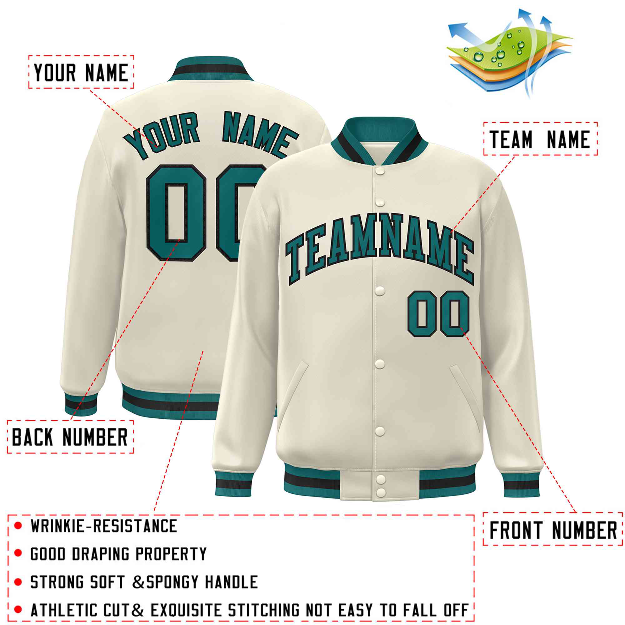 Custom Khaki Aqua-Black Classic Style Varsity Full-Snap Letterman Jacket