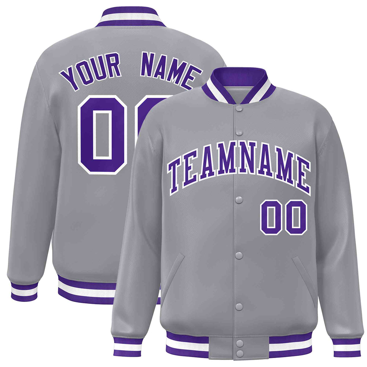 Custom Gray Purple-White Classic Style Varsity Full-Snap Letterman Jacket
