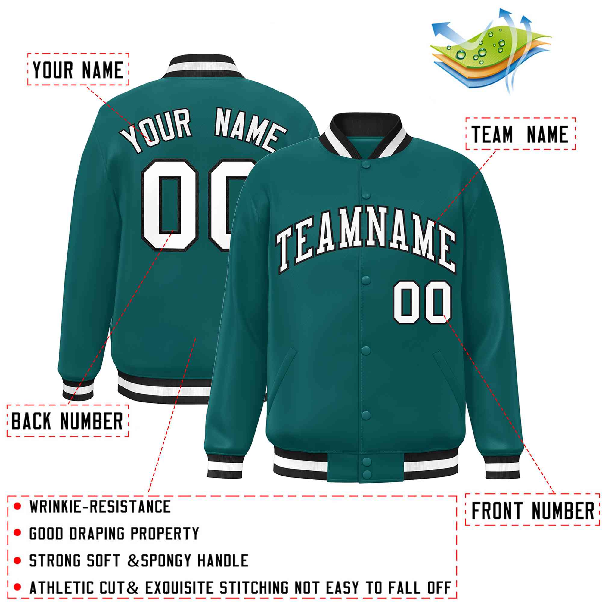 Custom Aqua White-Black Classic Style Varsity Full-Snap Letterman Jacket