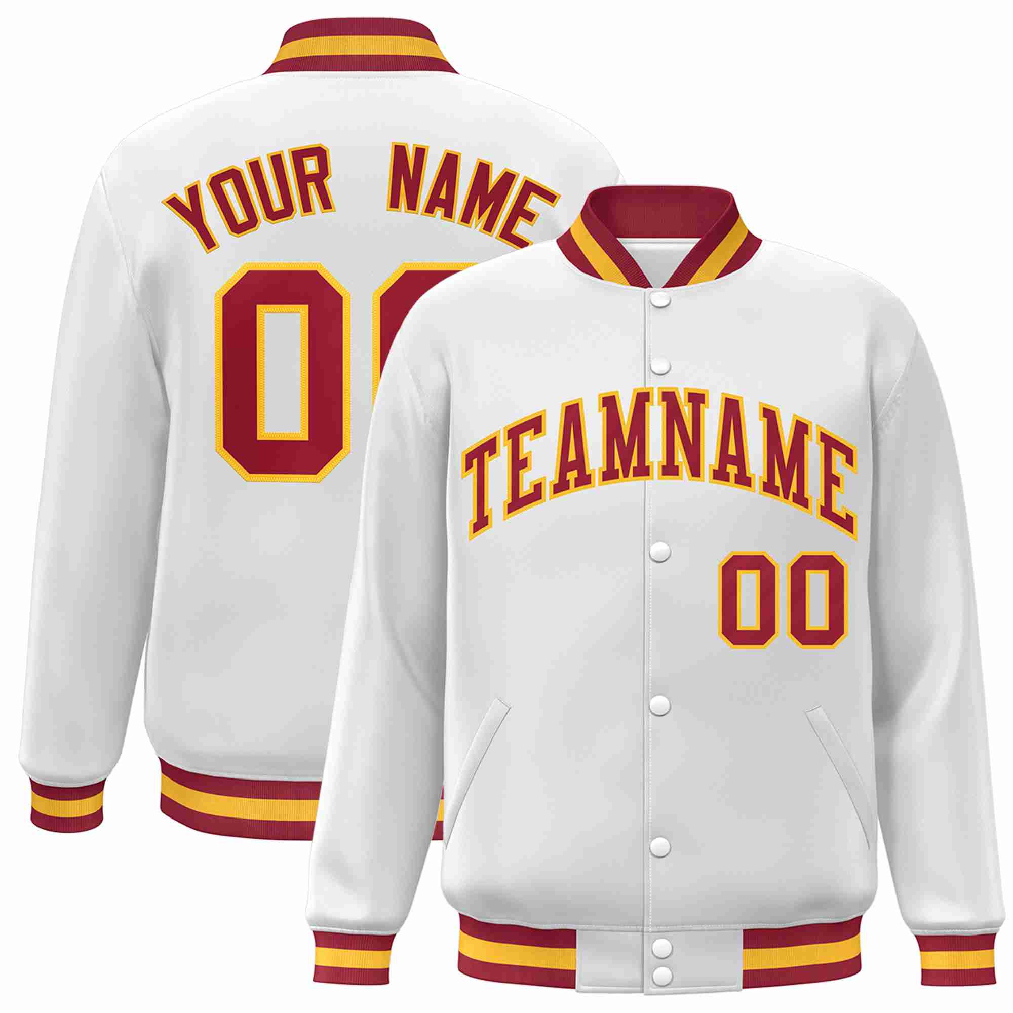 Custom White Crimson-Gold Classic Style Varsity Full-Snap Letterman Jacket