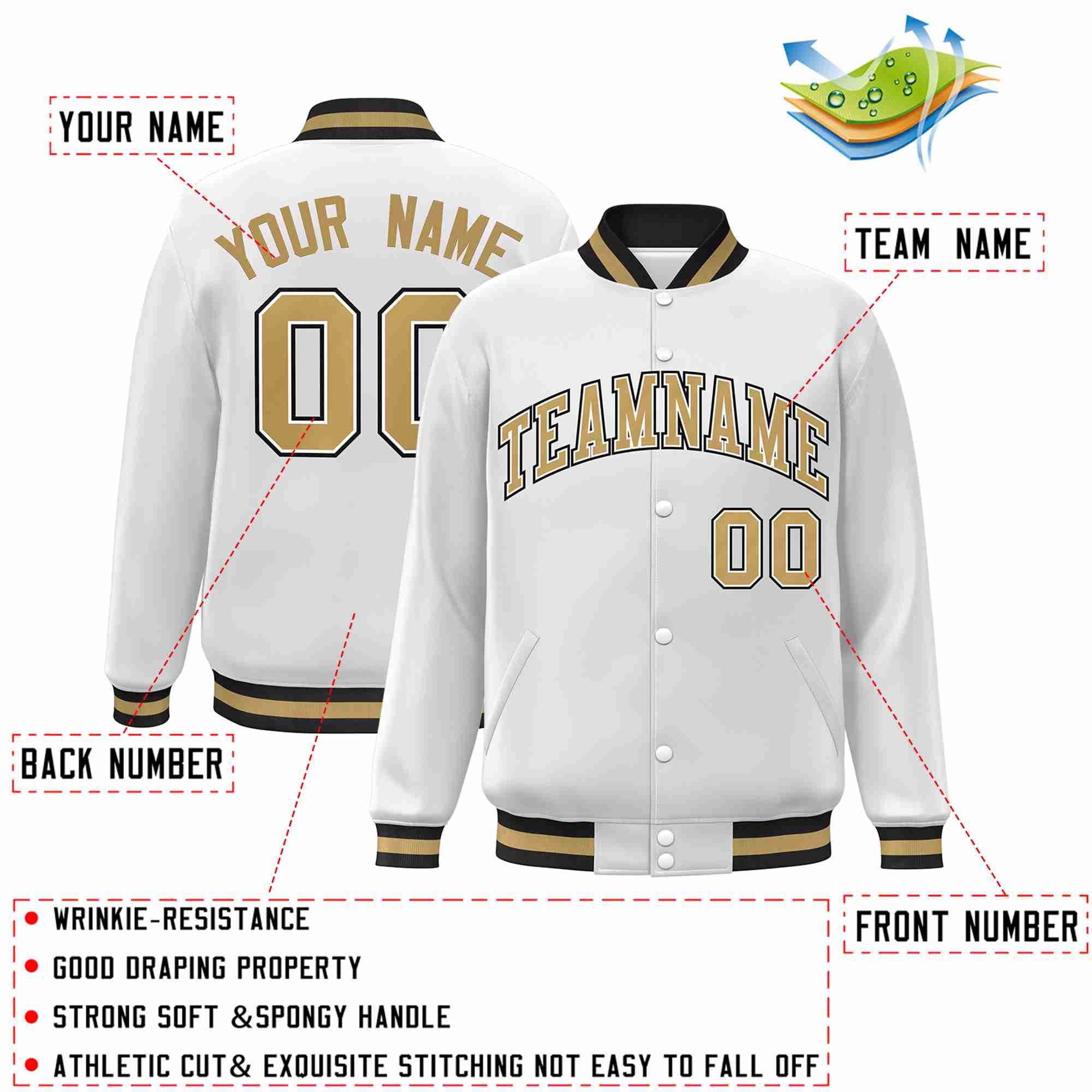 Custom White Old Gold-White Classic Style Varsity Full-Snap Letterman Jacket