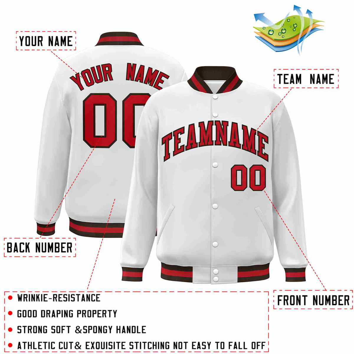 Custom White Red-Brown Classic Style Varsity Full-Snap Letterman Jacket