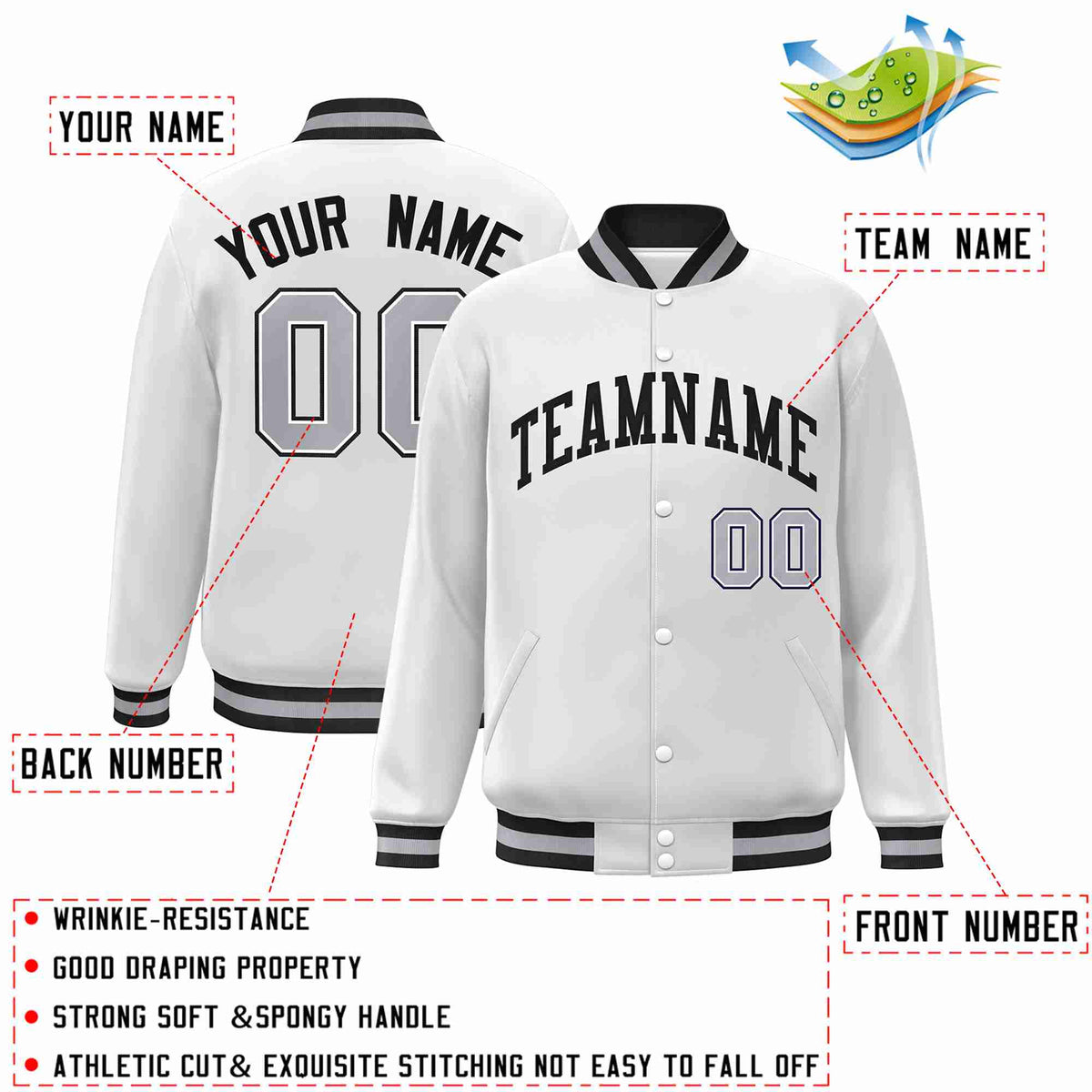 Custom White Black Classic Style Varsity Full-Snap Letterman Jacket