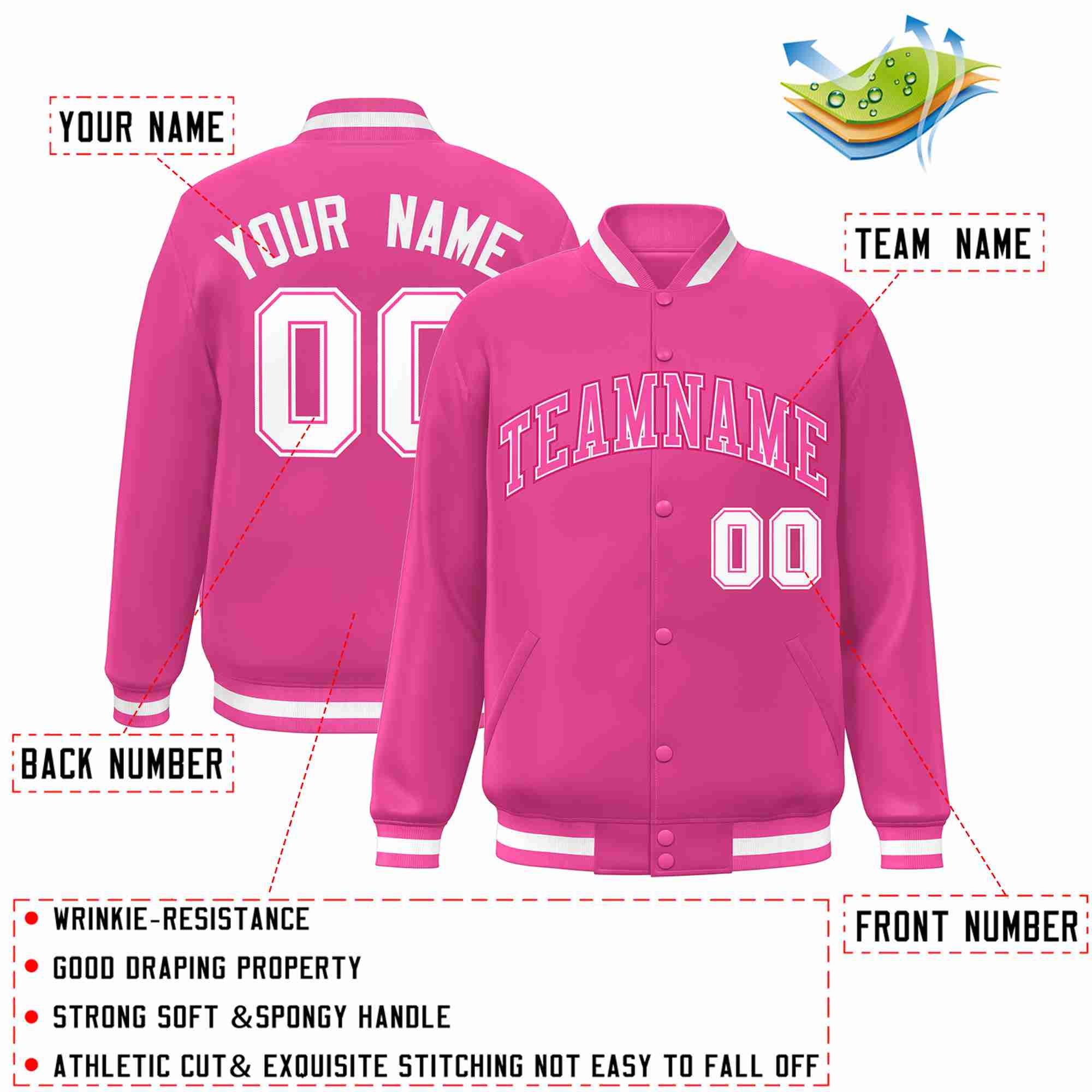 Custom Pink Pink-White Classic Style Varsity Full-Snap Letterman Jacket