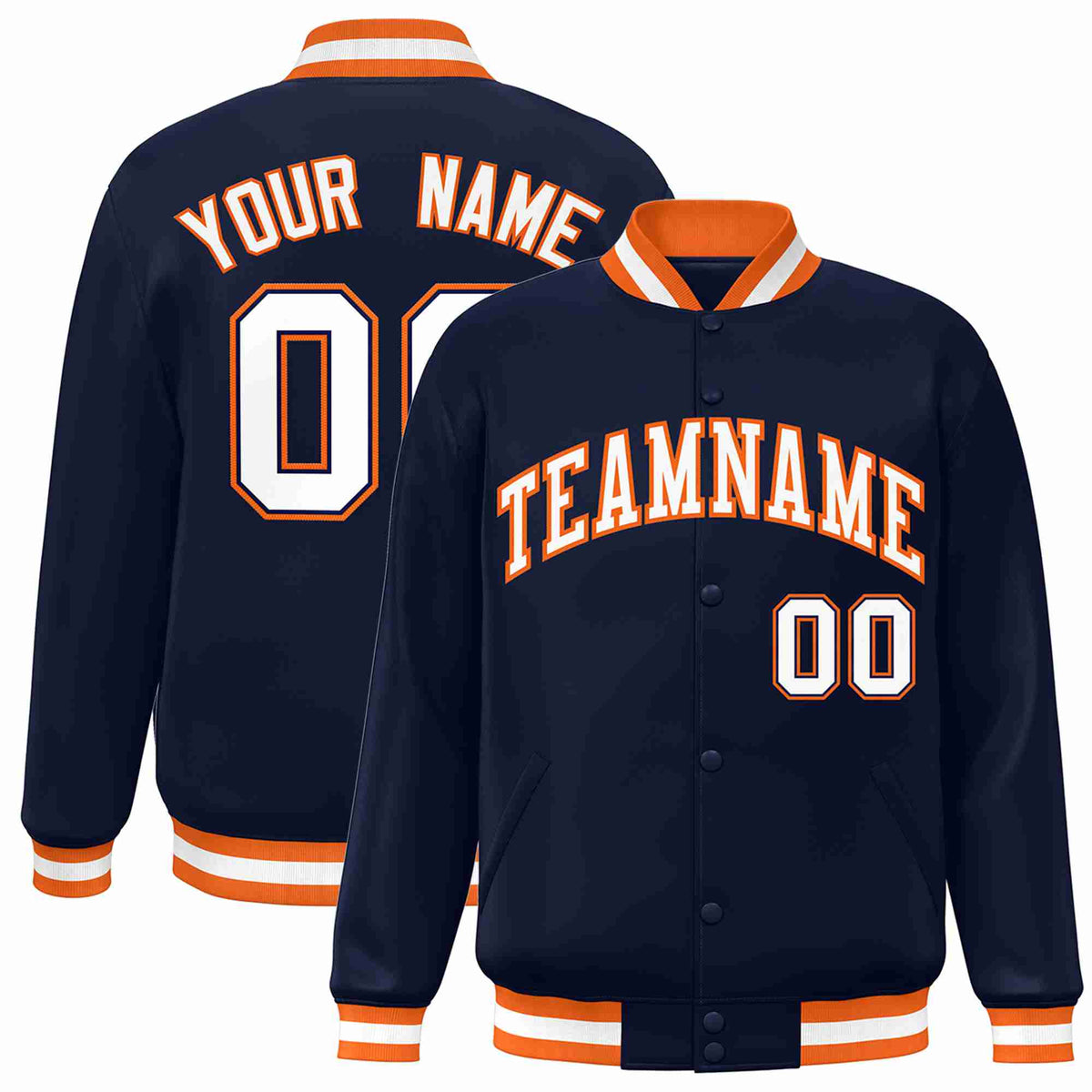 Custom Navy White-Orange Classic Style Varsity Full-Snap Letterman Jacket