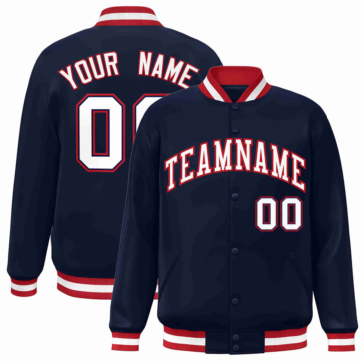 Custom Navy White-Red Classic Style Varsity Full-Snap Letterman Jacket