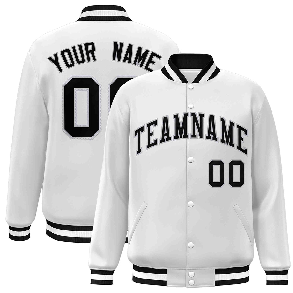 Custom White Black-Gray Classic Style Varsity Full-Snap Letterman Jacket | KXKSHOP
