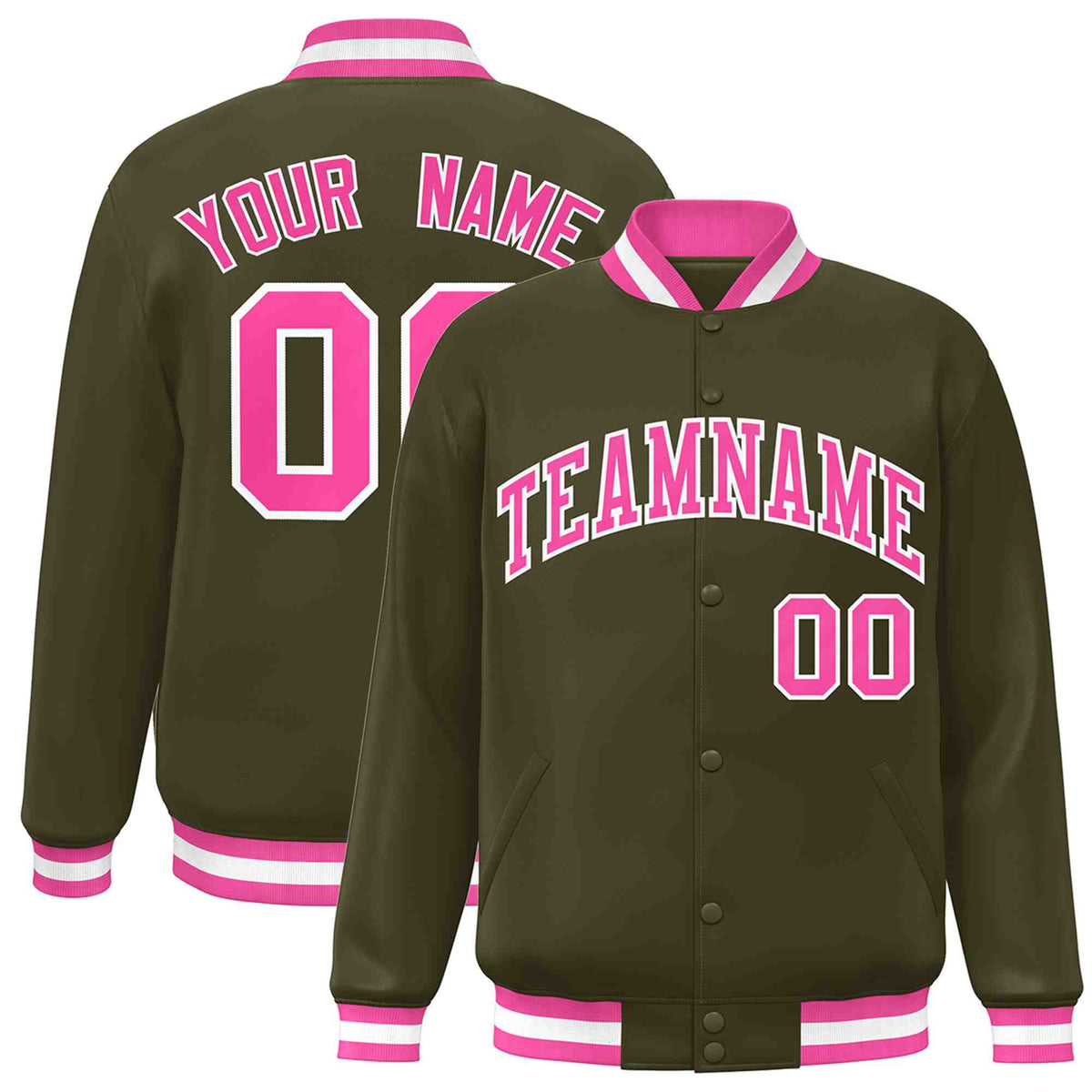 Custom Olive Pink-White Classic Style Varsity Full-Snap Letterman Jacket