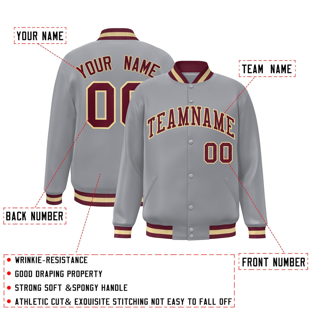 Custom Gray Crimson-Khaki Classic Style Varsity Full-Snap Letterman Jacket