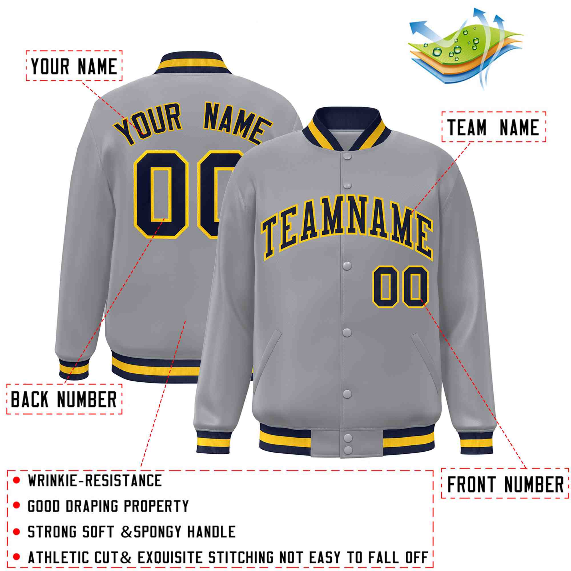 Custom Gray Navy-Gold Classic Style Varsity Full-Snap Letterman Jacket