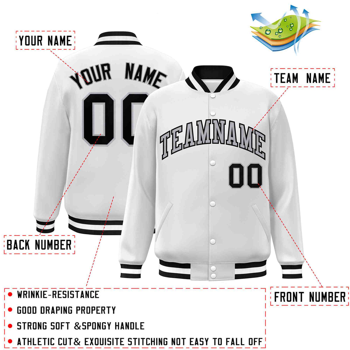 Custom White Black-Gray Classic Style Varsity Full-Snap Letterman Jacket | KXKSHOP