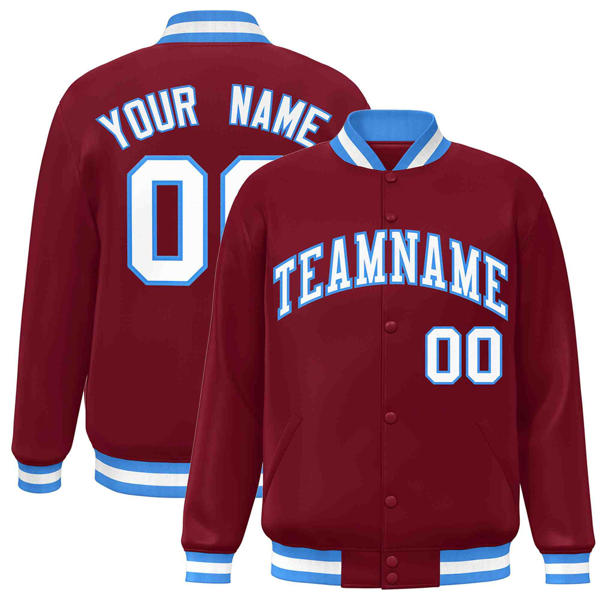 Custom Crimson White-Powder Blue Classic Style Varsity Full-Snap Letterman Jacket