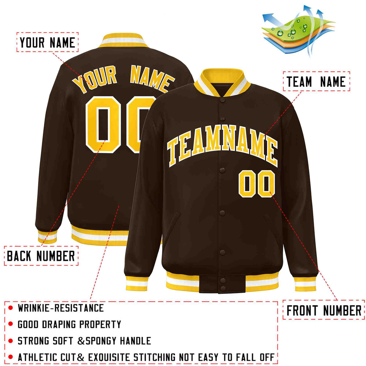 Custom Brown Gold-White Classic Style Varsity Full-Snap Letterman Jacket