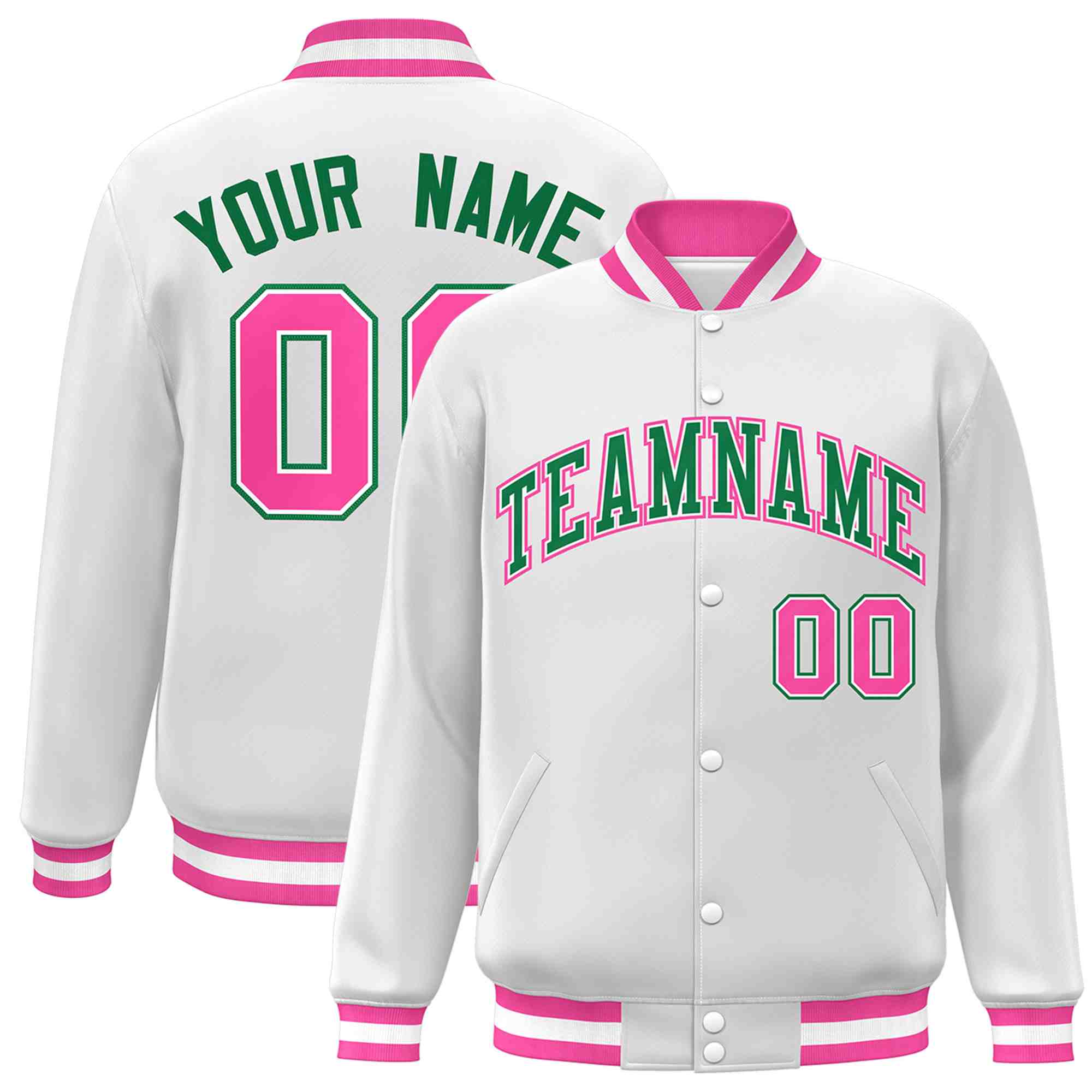 Custom White Green-White Classic Style Varsity Full-Snap Letterman Jacket