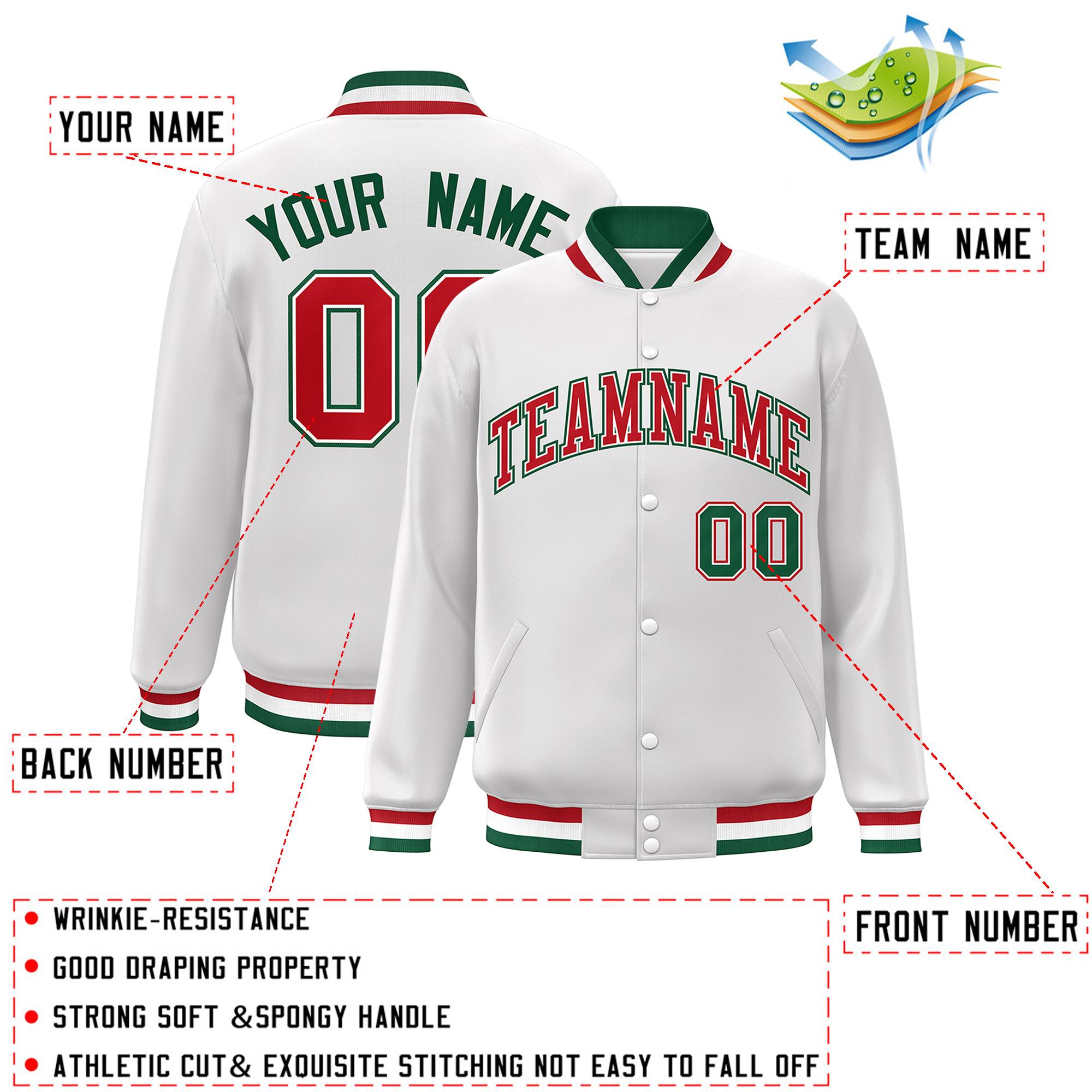 Custom White Red-White Classic Style Varsity Full-Snap Letterman Jacket