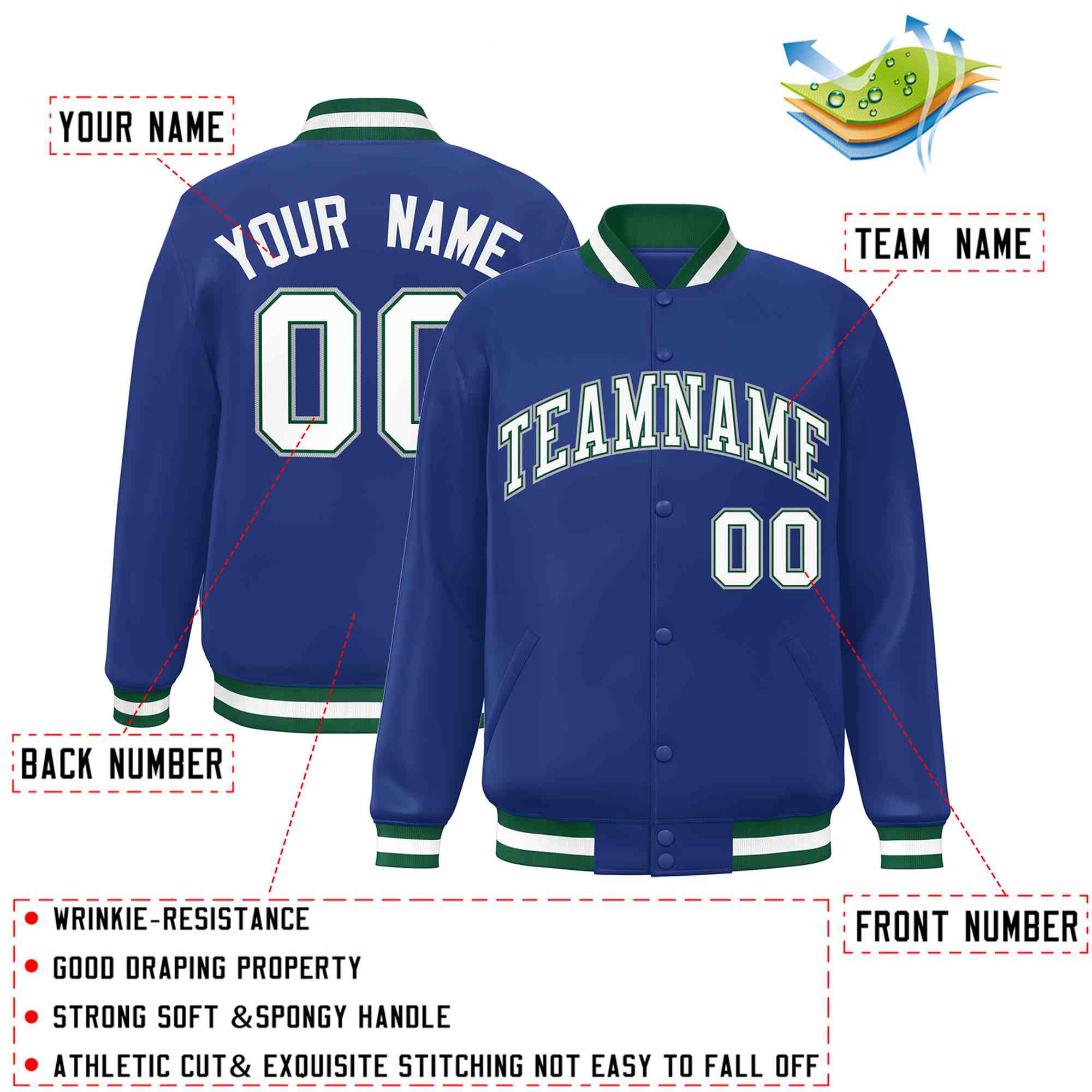 Custom Royal White-Green Classic Style Varsity Full-Snap Letterman Jacket