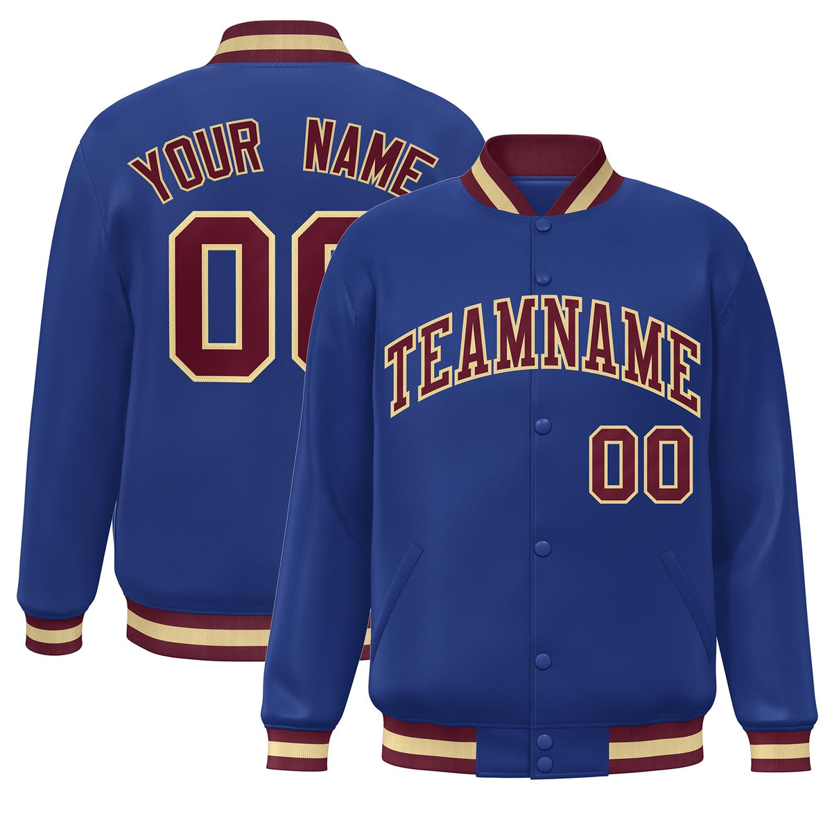 Custom Royal Crimson-Khaki Classic Style Varsity Full-Snap Letterman Jacket