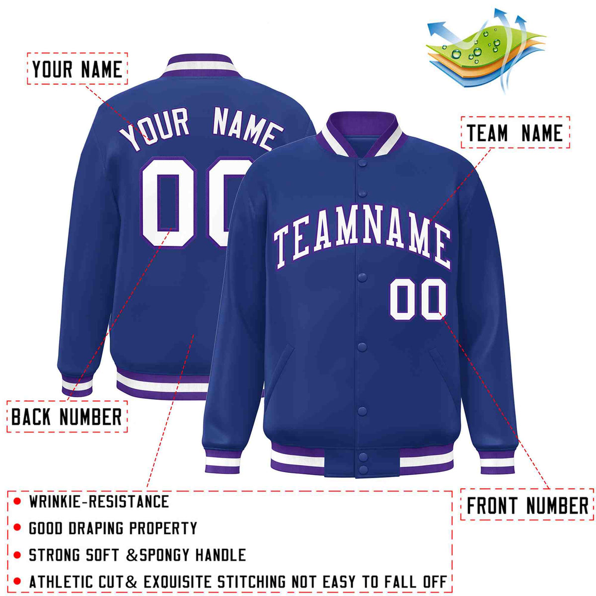Custom Royal White-Purple Classic Style Varsity Full-Snap Letterman Jacket