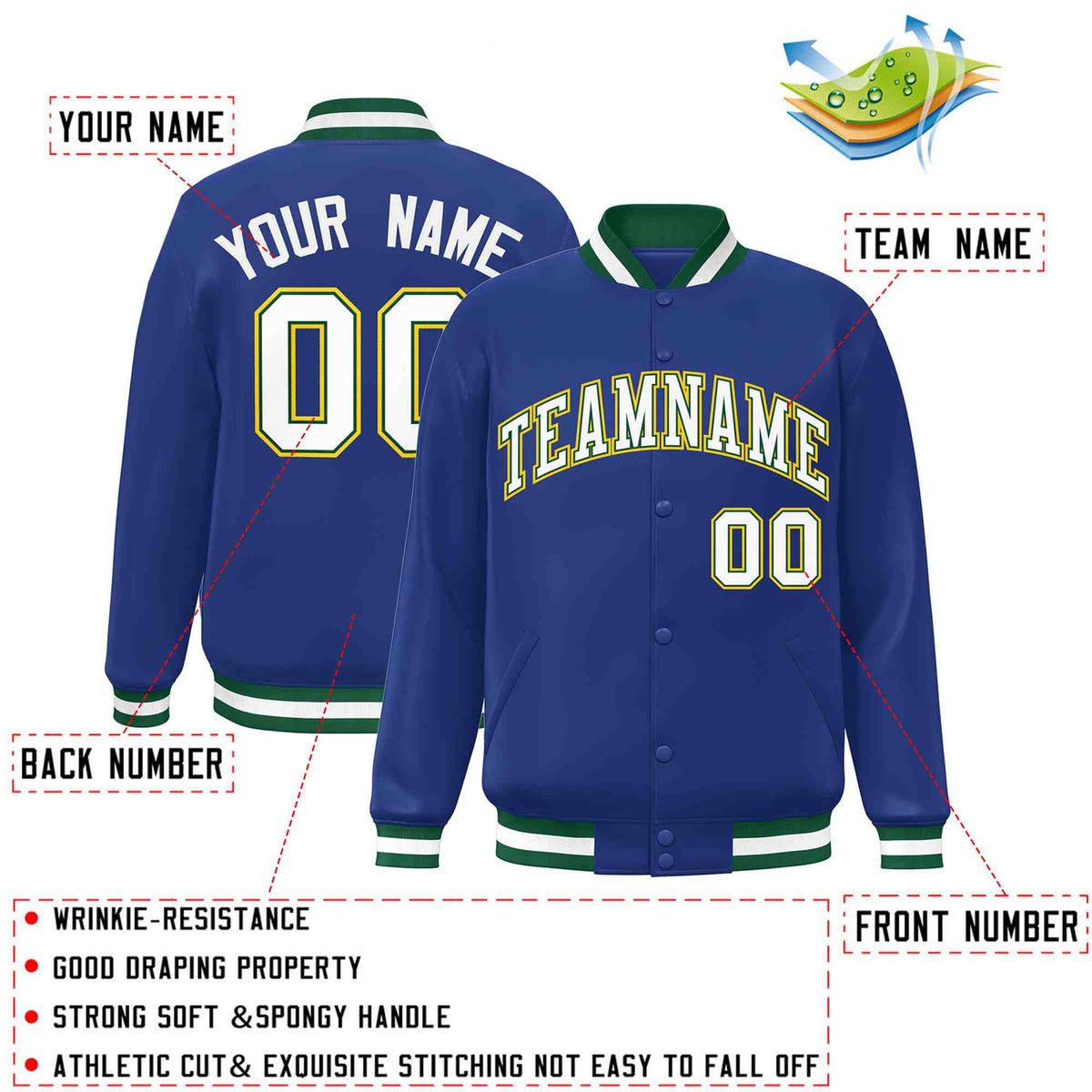 Custom Royal White-Green Classic Style Varsity Full-Snap Letterman Jacket