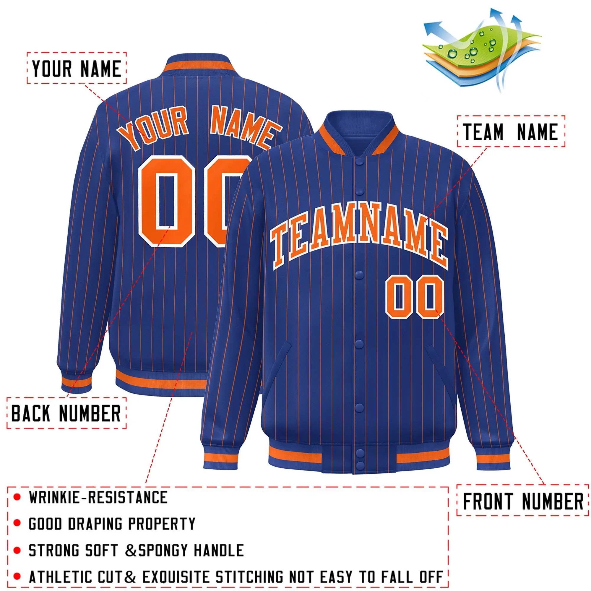 Custom Royal Orange-White Stripe Fashion Letterman Bomber Varsity Jacket
