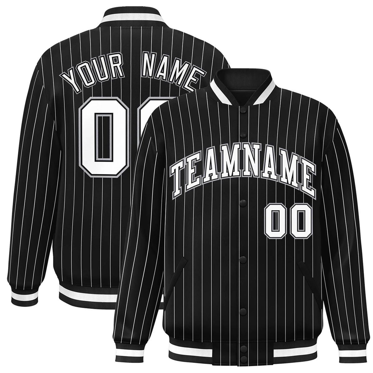 Custom Black White-Gray Stripe Fashion Letterman Bomber Varsity Jacket