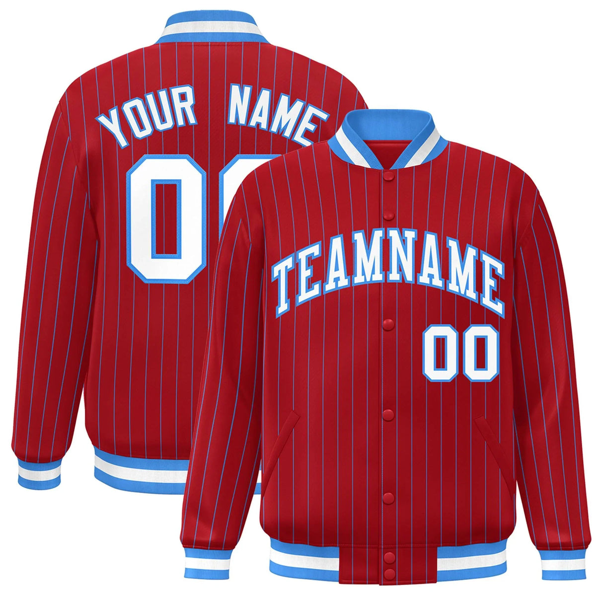 Custom Red White-Powder Blue Stripe Fashion Letterman Bomber Varsity Jacket