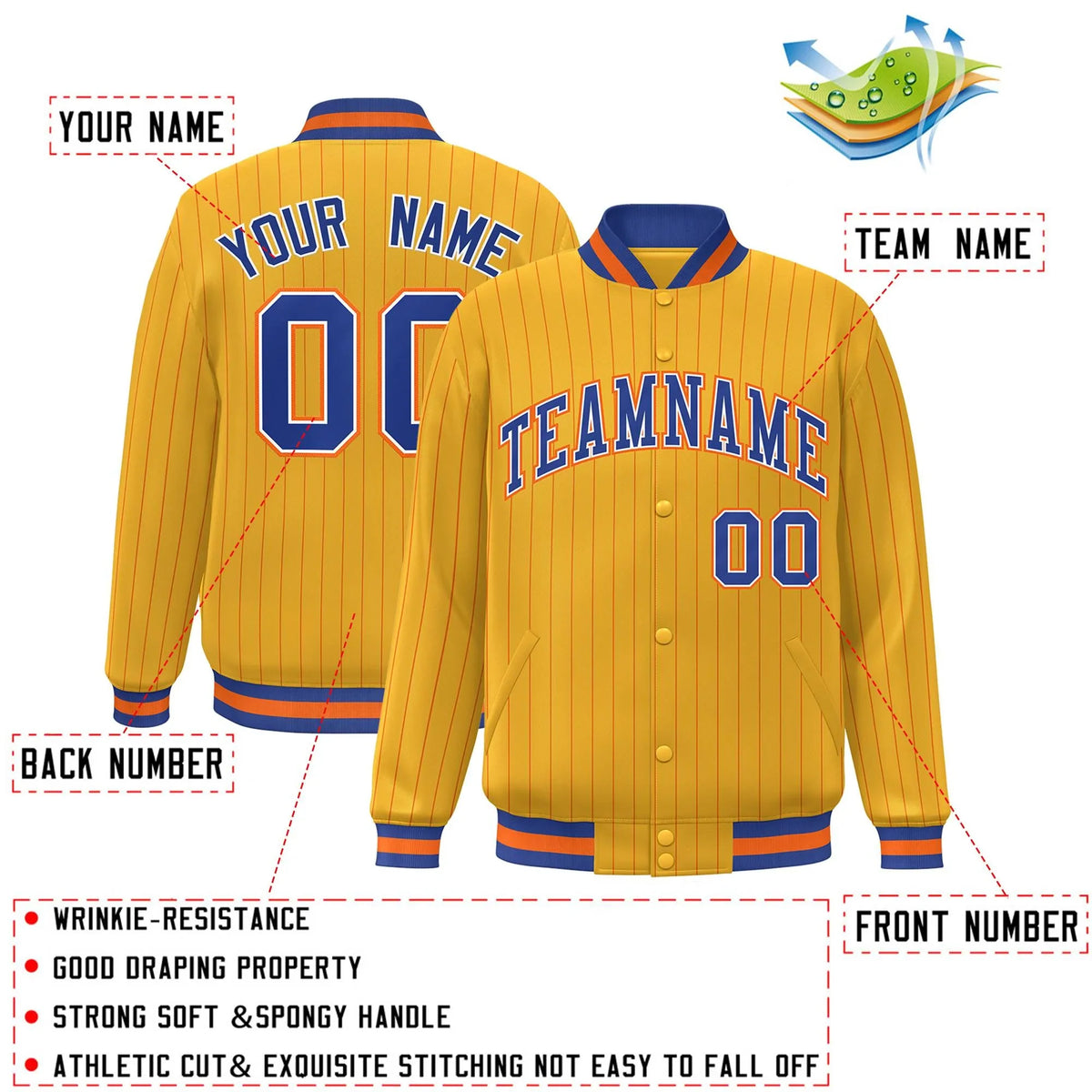 Custom Gold Royal-Orange Varsity Stripe Fashion Jacket for Teams