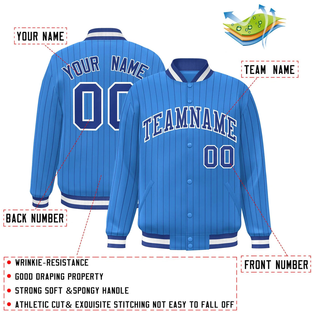 Custom Powder Blue Royal-White Stripe Fashion Letterman Bomber Varsity Jacket