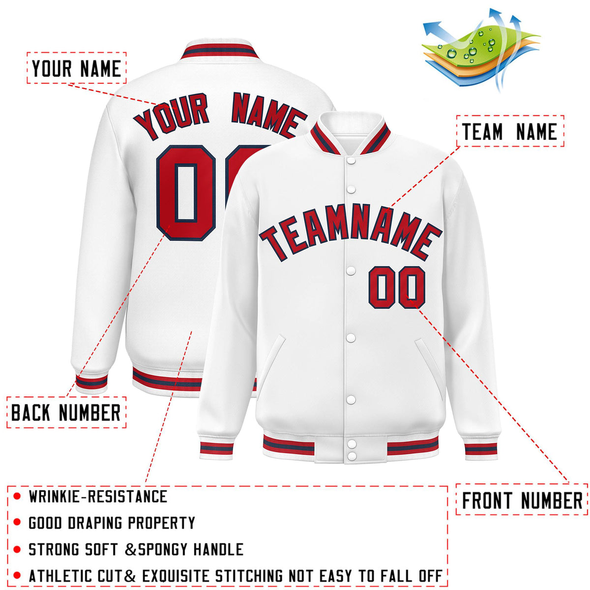 Custom White Red-Navy Classic Style Varsity Full-Snap Letterman Jacket