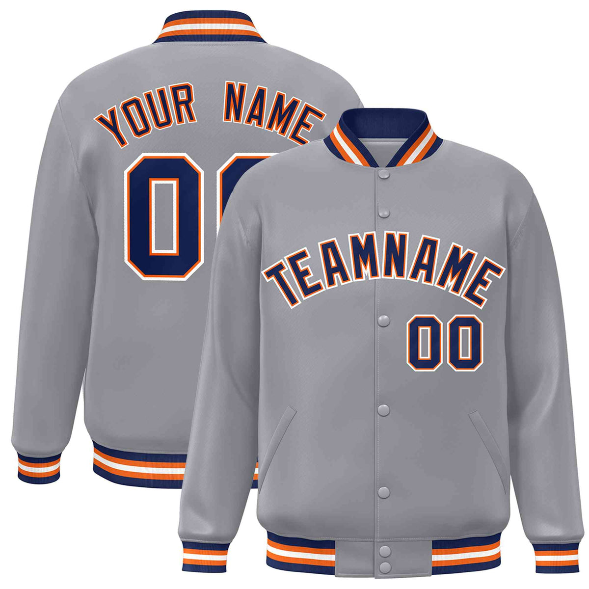 Custom Gray Navy-Orange Classic Style Varsity Full-Snap Letterman Jacket