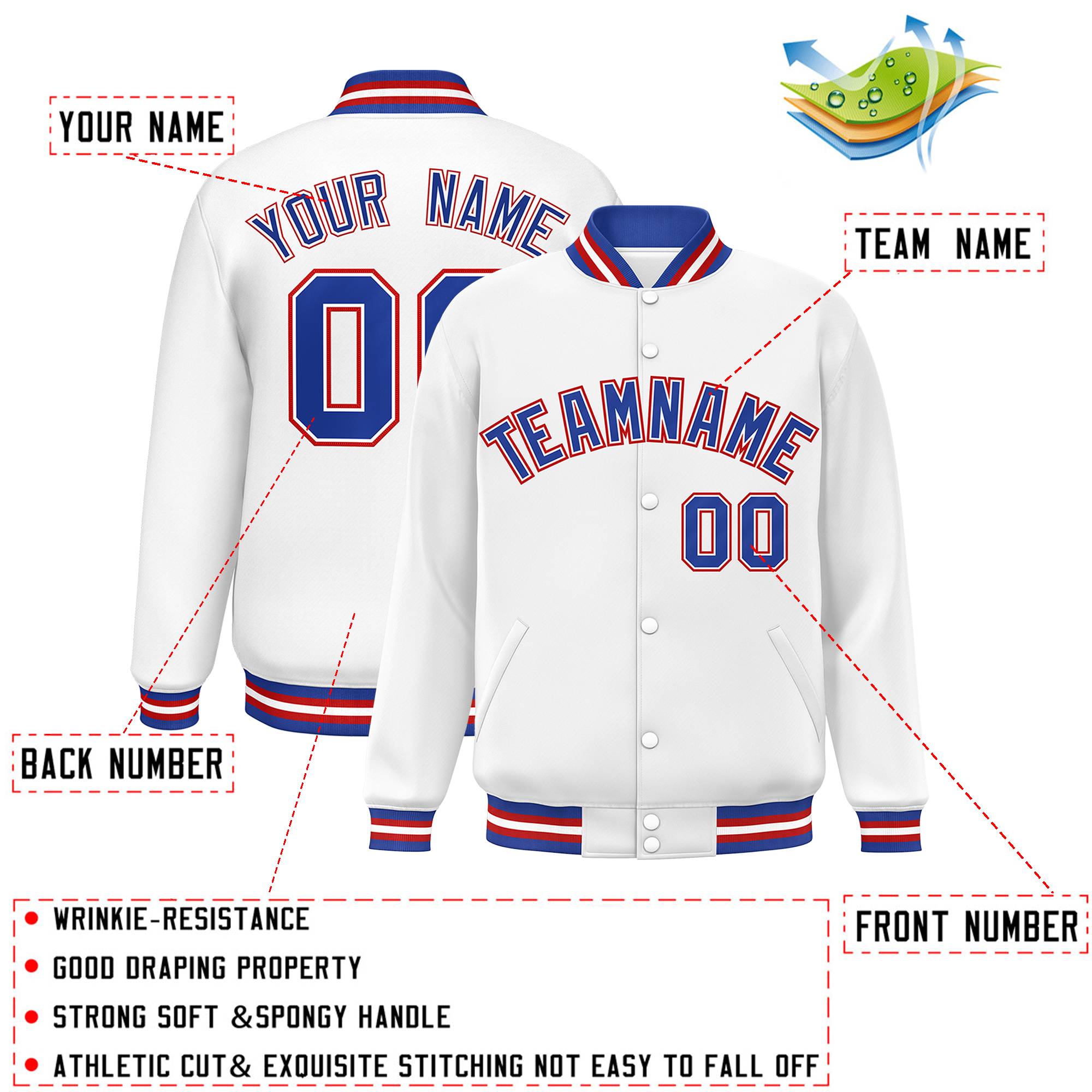 Custom White Royal-White Classic Style Varsity Full-Snap Letterman Jacket