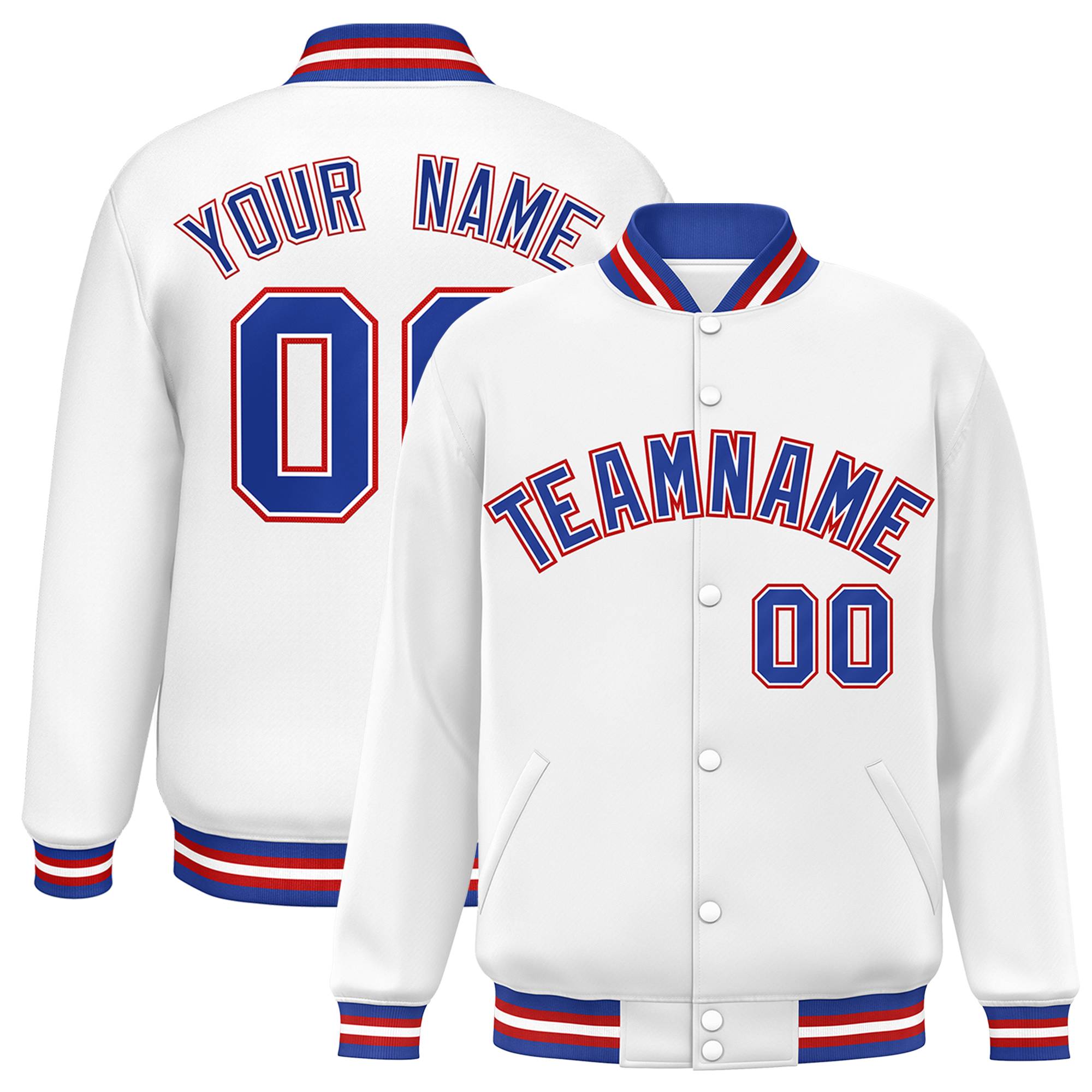 Custom White Royal-White Classic Style Varsity Full-Snap Letterman Jacket