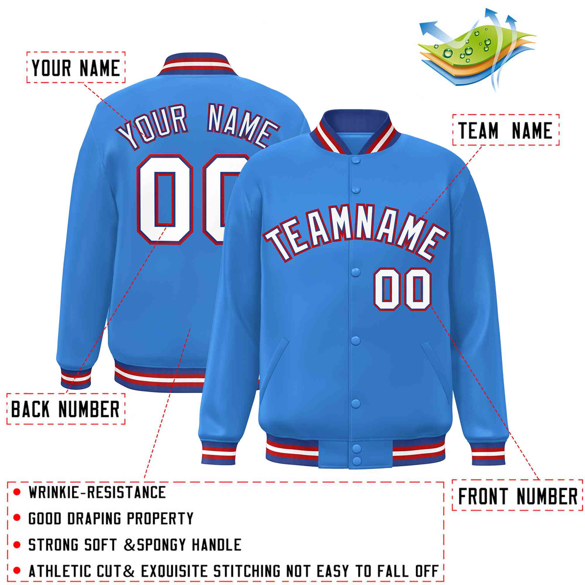 Custom Powder Blue White-Royal Classic Style Varsity Full-Snap Letterman Jacket