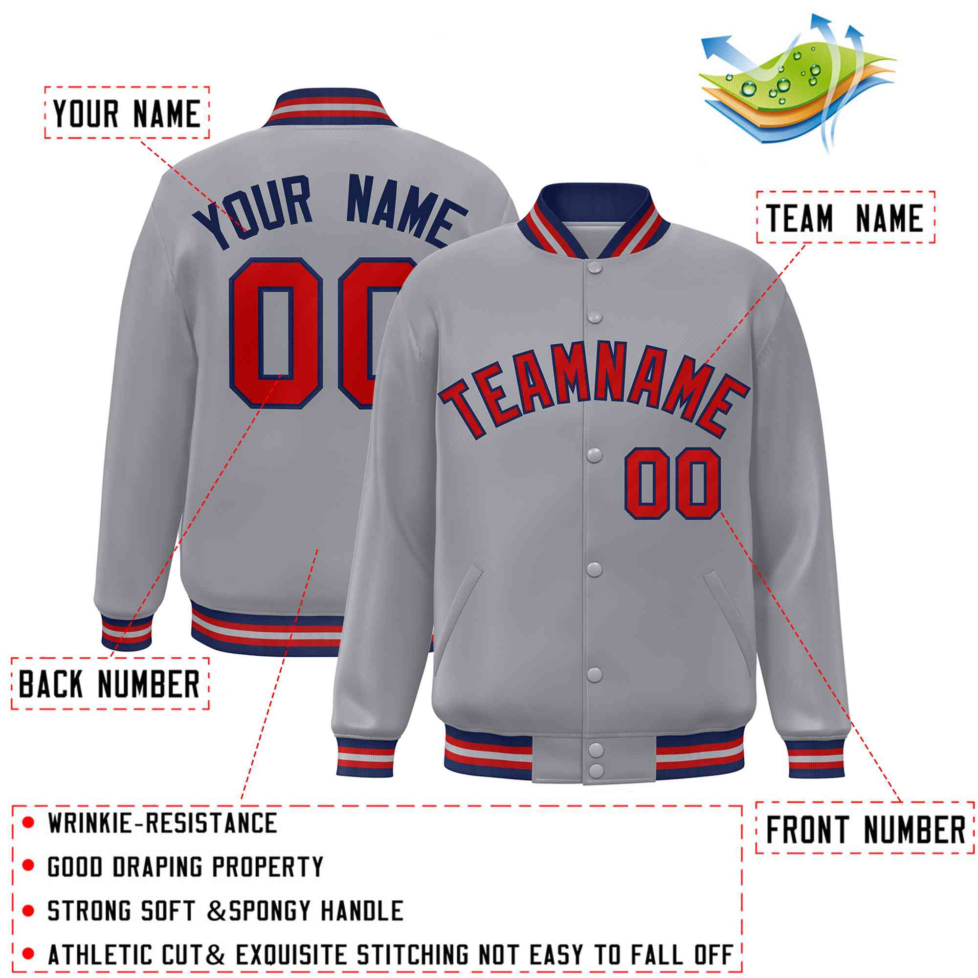 Custom Gray Red-Navy Classic Style Varsity Full-Snap Letterman Jacket