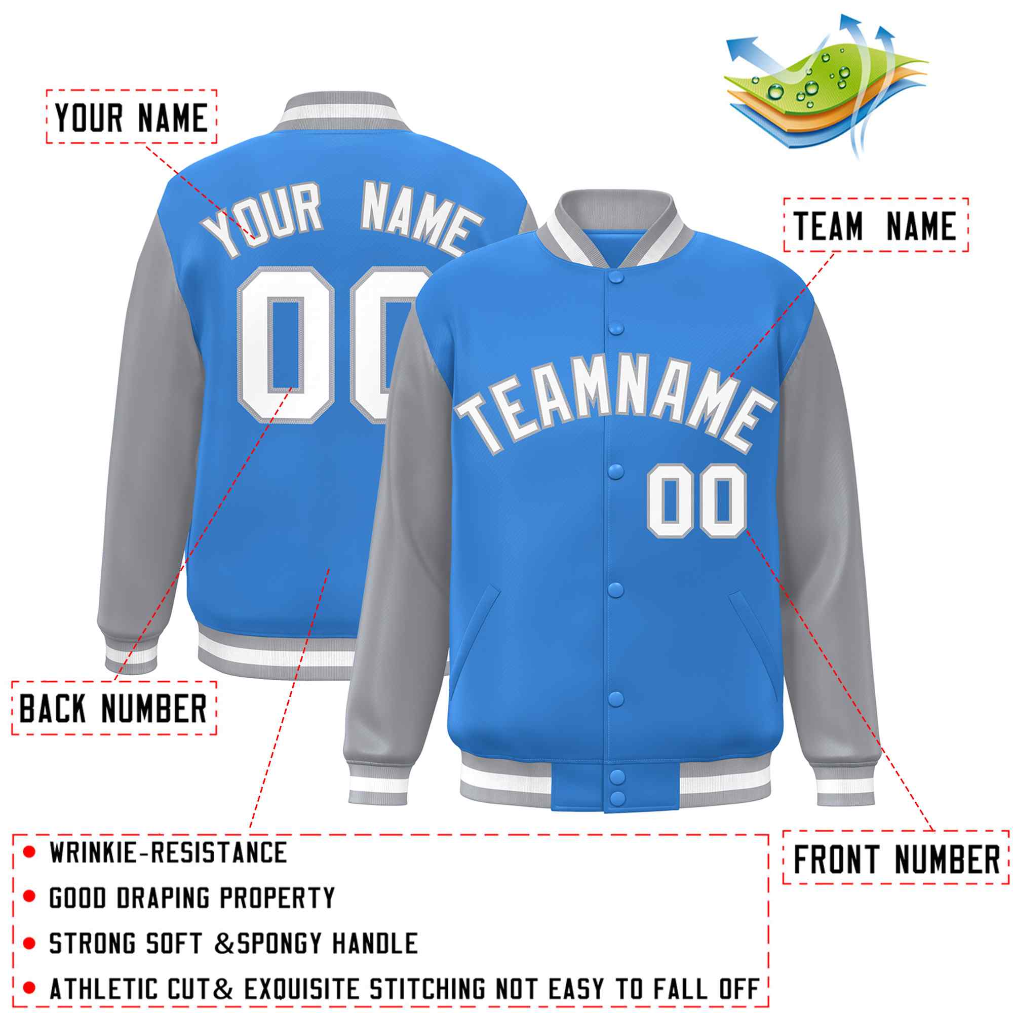 Custom Powder Blue White-Gray Raglan Sleeves Varsity Full-Snap Letterman Jacket